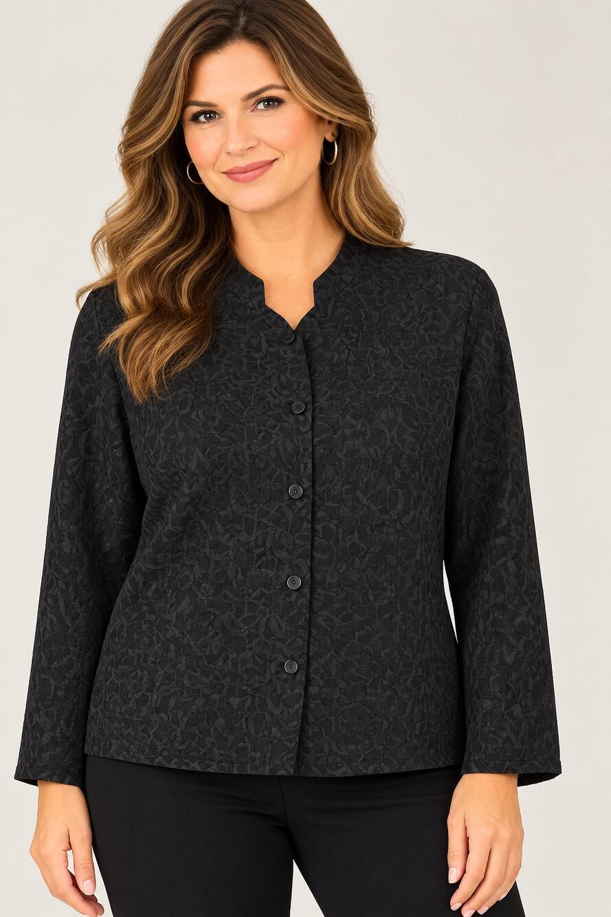 Kate Hill Woman 18W Black Silk Linen Blend Textured Button Front Blouse Jacket - Picture 1 of 9